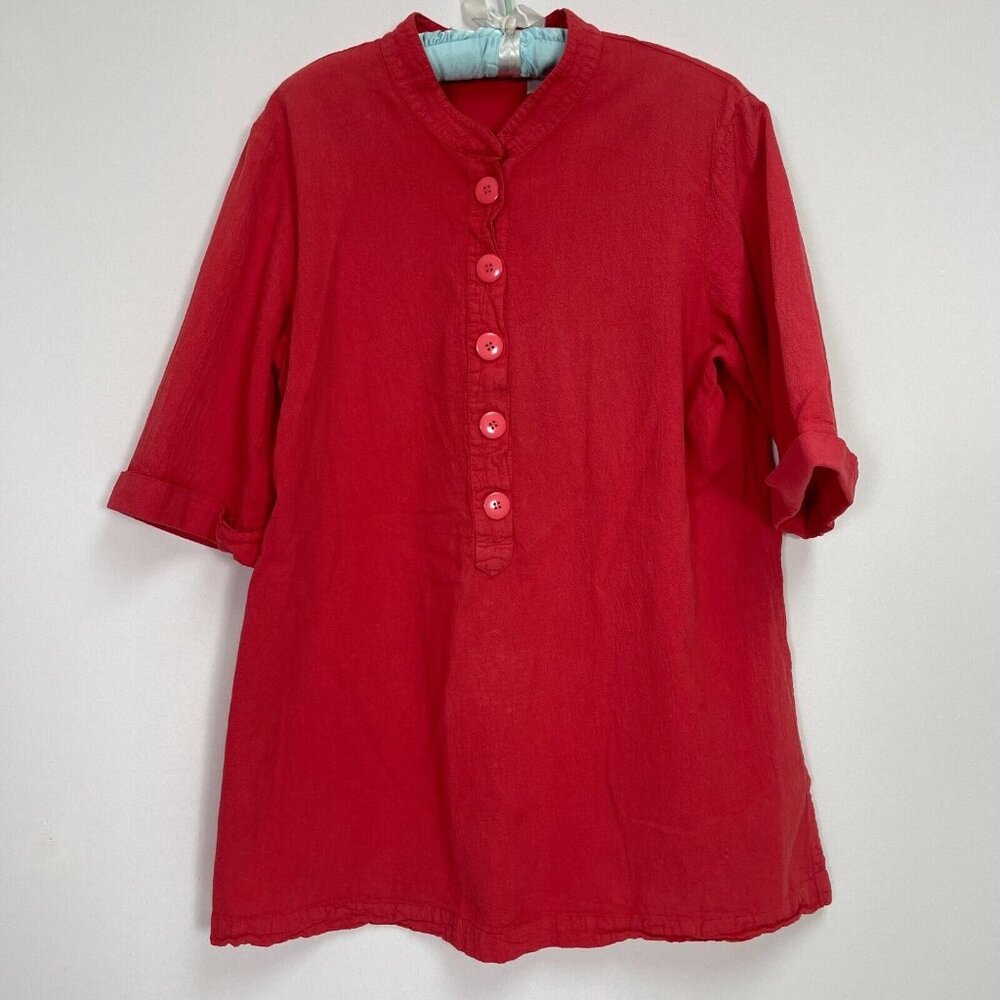 Renata B Womens PreShrunk Cotton Textured Half-Button Tunic Large 3/4 Sleeve Red